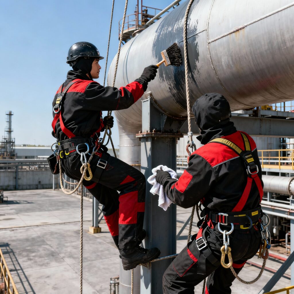Malowanie ręczne 2 Pracownicy przemysłowi malują rury.