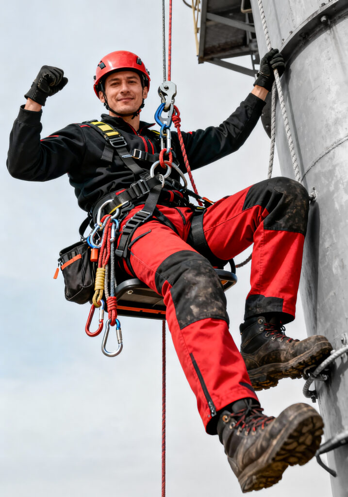 Pracownik w sprzęcie wspinaczkowym.