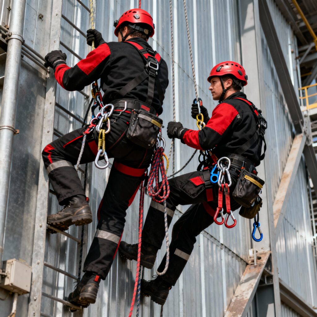 Montaże instalacji 2 Pracownicy wspinają się po drabinie.
