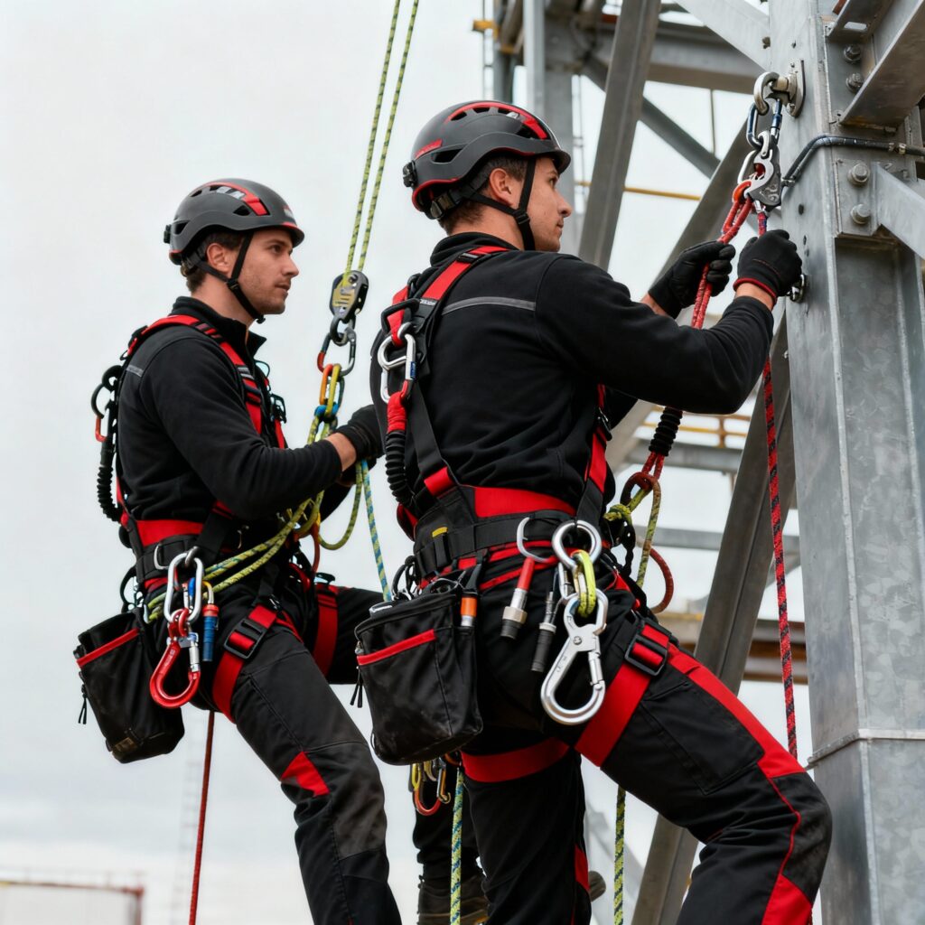 Montaże instalacji 1 Pracownicy w sprzęcie wspinaczkowym.