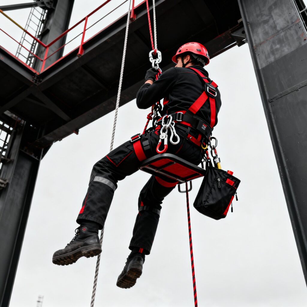 Pracownik zjeżdżający na linie.