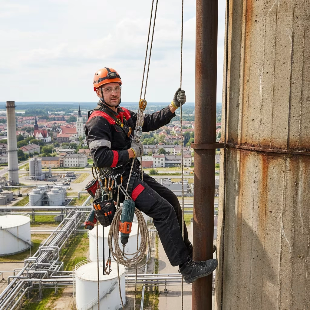 Pracownik na wysokości, wspinaczka przemysłowa.